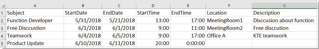 doc create outlook appointement from sheet 1