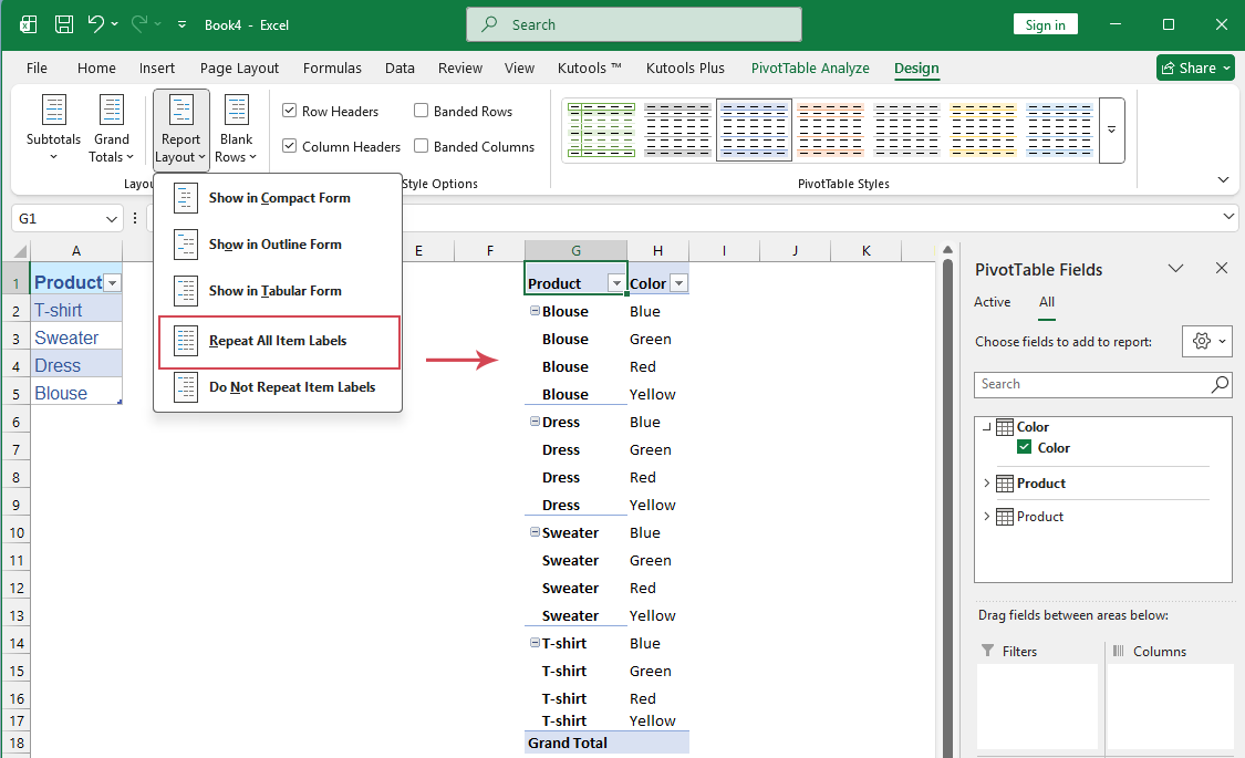 select Repeat All Item Labels to display all items in every row