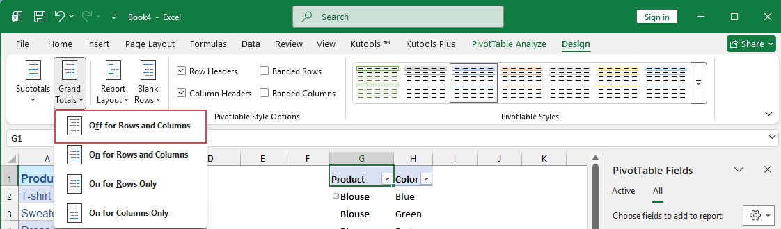 choose Off for Rows and Columns