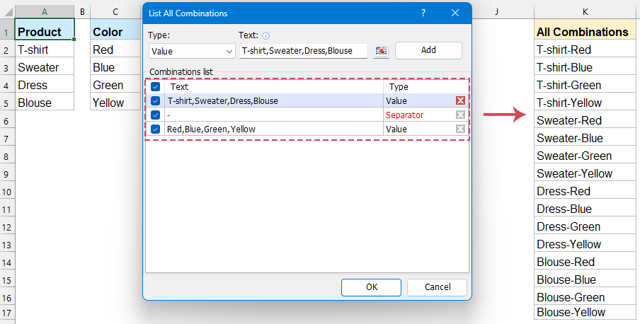 list all combinations by kutools