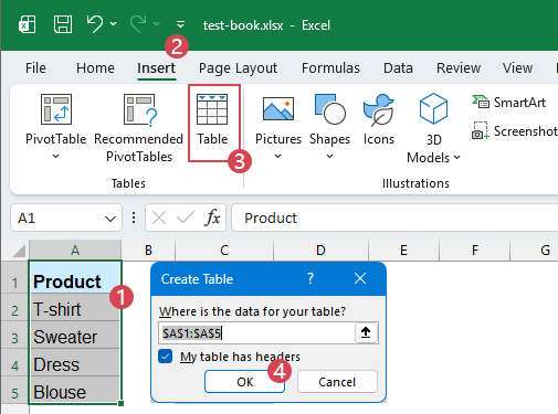 create a table for the first column data