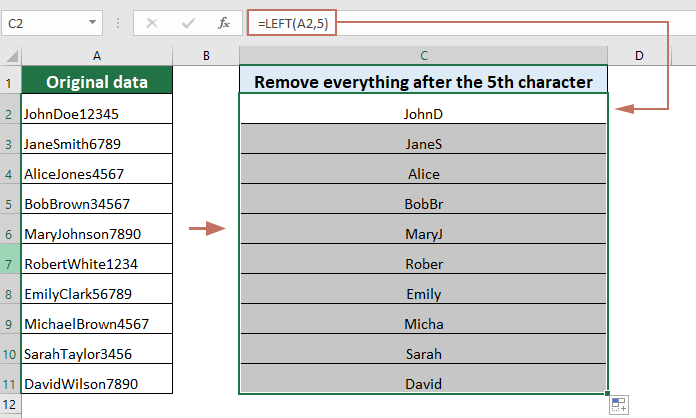 screenshot of deleting characters after the nth character using formula 2