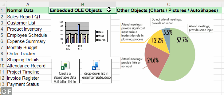 The selected embedded OLE objects are removed from the worksheet