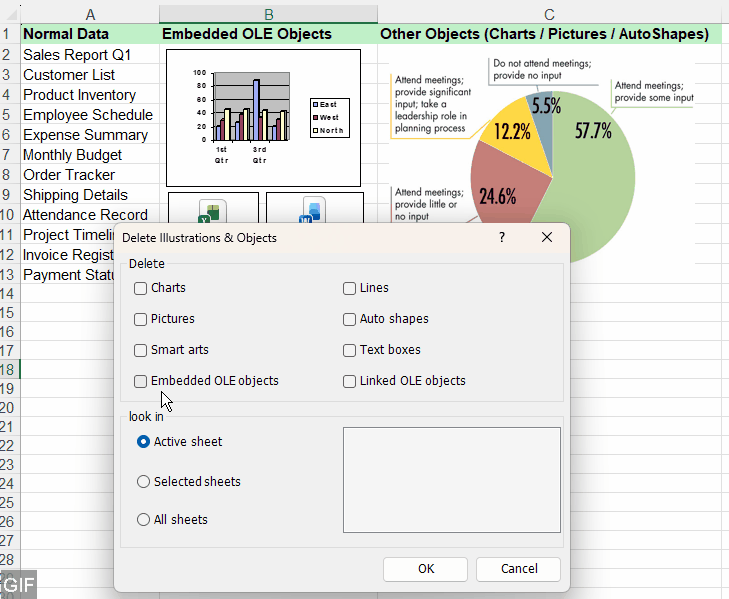 All embedded OLE objects in the current worksheet are removed instantly