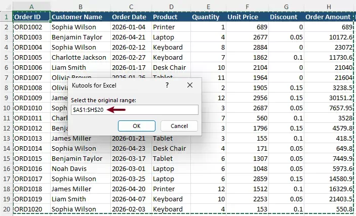 a screenshot of selecting the main range after running the code