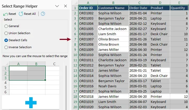 a screenshot of deselecting cells from selected ranges with kutools