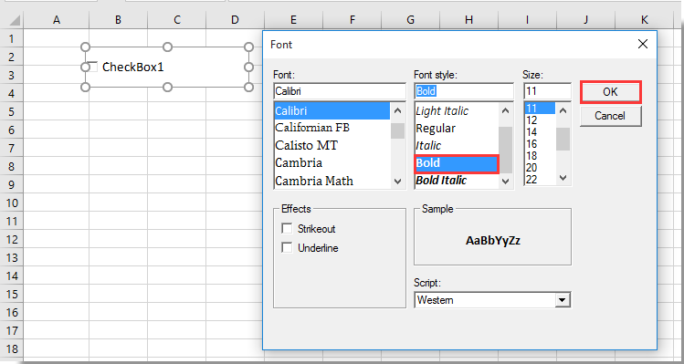 How to bold text in checkbox in Excel?