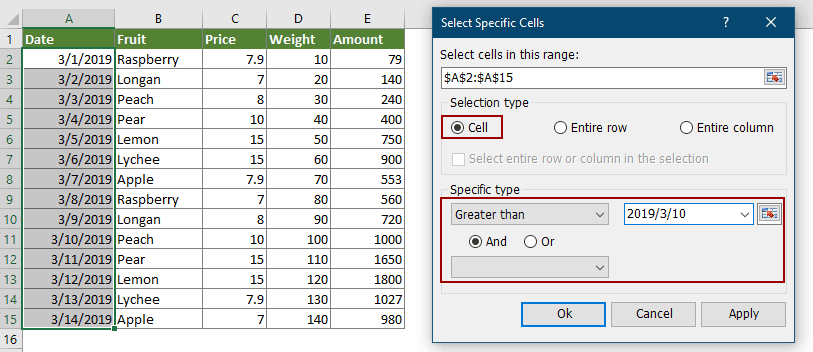 a screenshot of configuring the Select Specific Cells dialog box