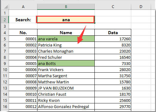 search form with vba in excel 2016