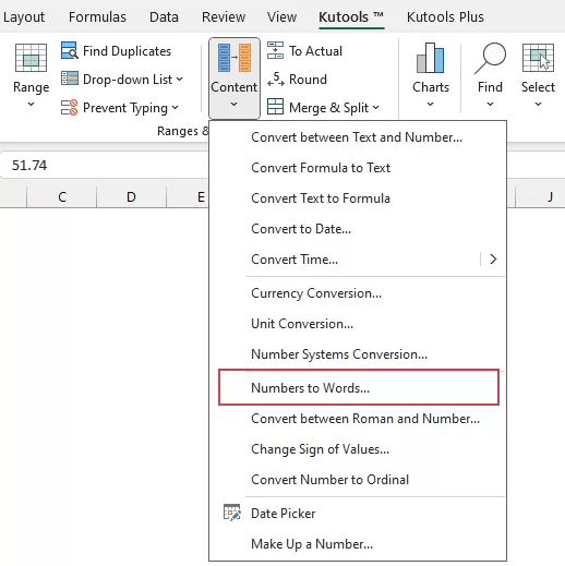 A screenshot showing the Kutools for Excel Numbers to Words utility for converting currency to words