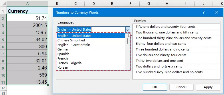 A screenshot of the Numbers to Currency Words dialog
