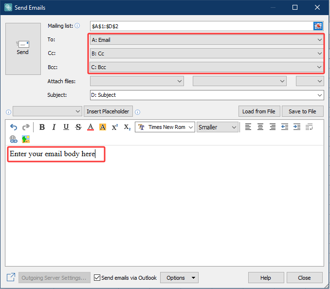 A screenshot of the send emails feature