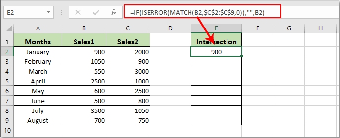 How to find intersection of two column lists in Excel