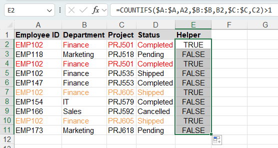 Formula entered in the helper column