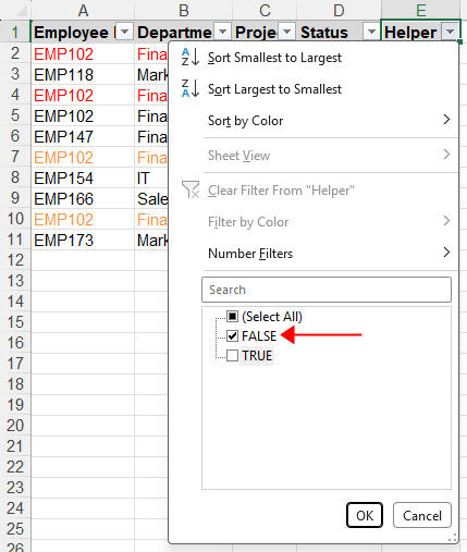 Filter FALSE values to hide duplicate rows including first occurrences