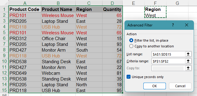 Use Advanced Filter with criteria and unique records only