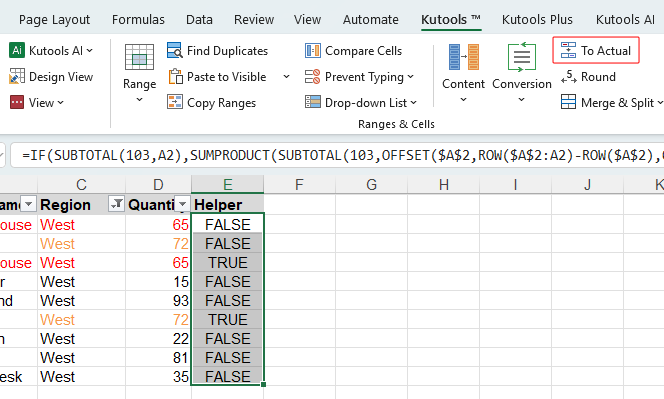 To Actual on the Kutools tab