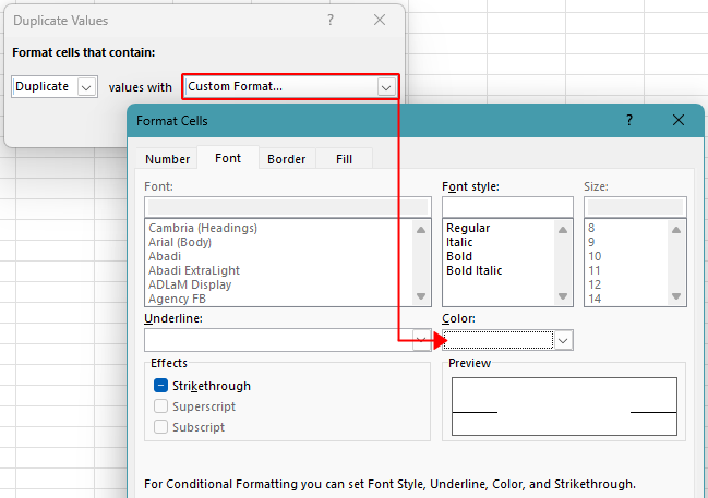 Duplicate Values and Format Cells dialog boxes