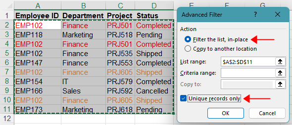 Use Advanced Filter to hide duplicate rows in Excel