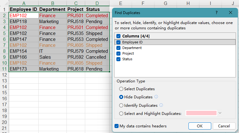 Hide duplicate rows with Kutools Find Duplicates