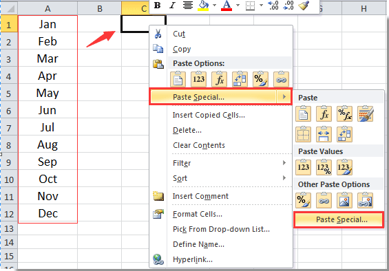 copy paste transpose excel shortcut