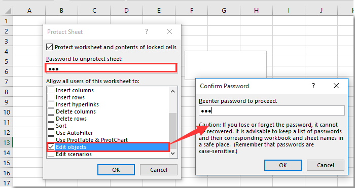 How to allow edit objects in protected worksheet in Excel?