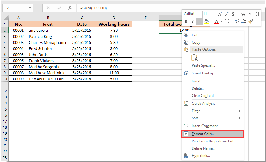 create a work clock in hours spreadsheet in excel