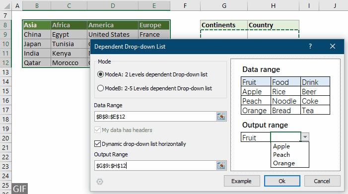 screenshot of making dependent drop down list in Excel using Kutools for Excel