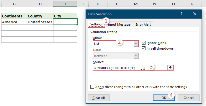 screenshot of making dependent drop down list in Excel 13