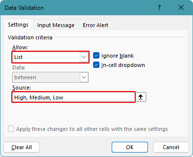 Data Validation dialog box