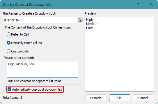 Quickly Create a Dropdown List dialog box