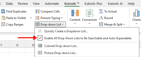 Enable All Drop-Down Lists to Be Searchable and Auto-Expandable option on the Kutools tab on the ribbon