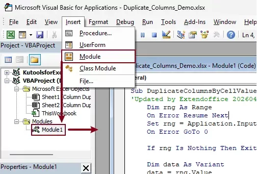 use the VBA code in the Module window
