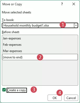 specify the options in the Move or Copy dialog box