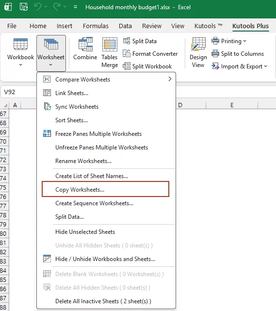 click Copy Worksheets of kutools