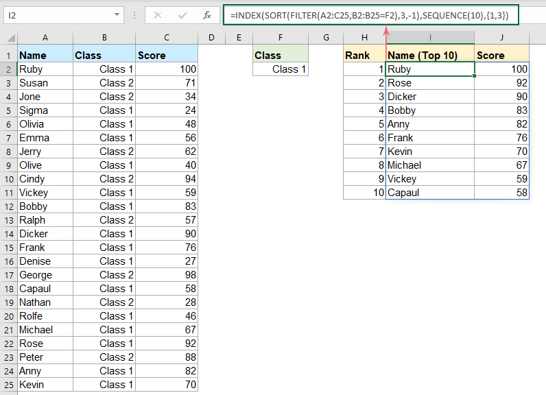 another formula to create a dynamic top10 list with criteria in office365