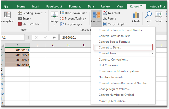 doc kutools แปลงเป็นวันที่ 1