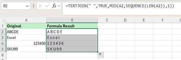 Add spaces between characters with a formula