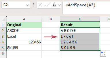 The custom function adds a space between each character in the text string