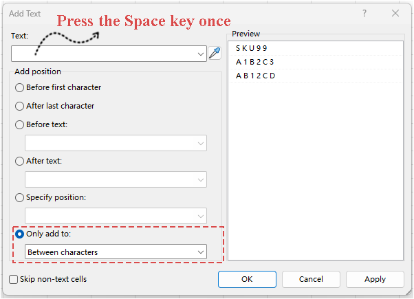 Case 2: Add spaces between every character