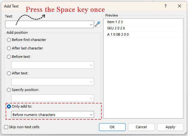 Case 3: Add spaces before numeric characters