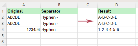 Kutools inserts the separator you entered based on the option you choose