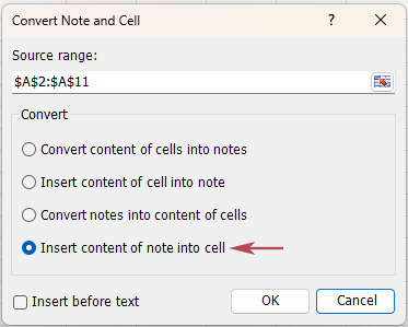 The Convert Note and Cell dialog box