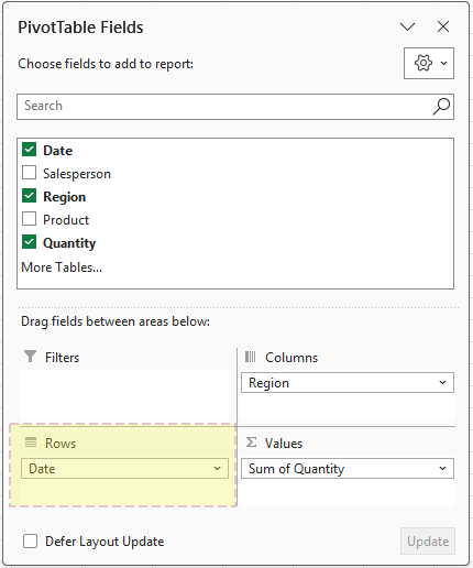 Add the date field and other fields to build the PivotTable