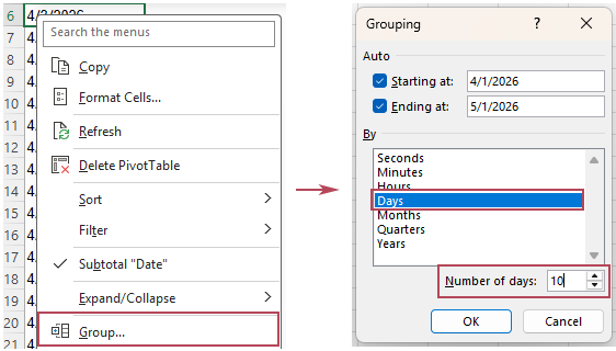Group the dates by 10 days