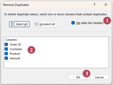In the Remove Duplicates dialog box