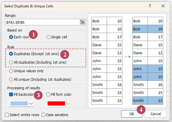 In the Select Duplicate & Unique Cells dialog box