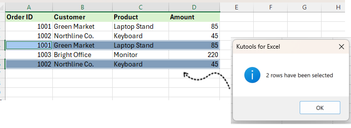 A message box appears and tells you how many rows have been selected