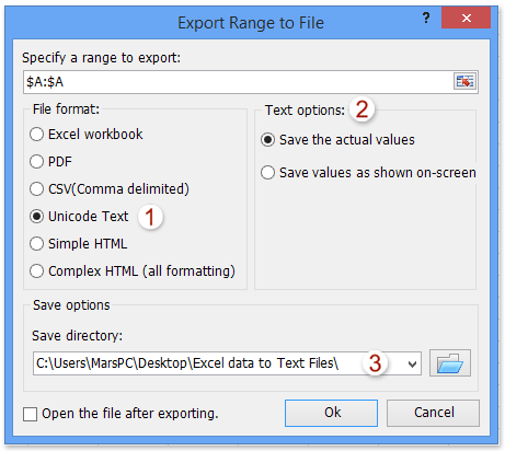 Complemento de Excel: exportar selección a archivo de texto