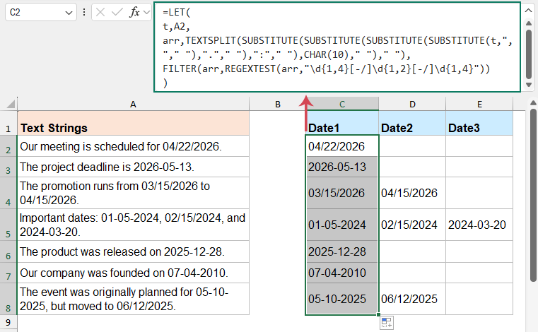 Extract Dates from Text Strings By Formula 